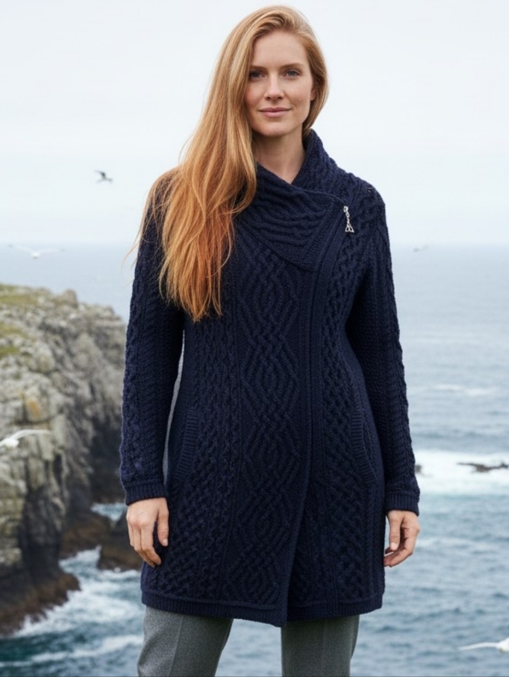 Authentic Aran Sweater Market 100% Merino Wool Navy Coatigan Made In Ireland